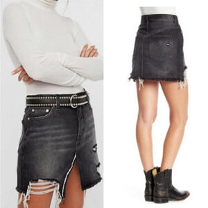 We The Free People Distressed Denim Mini Slit Skirt Black 25